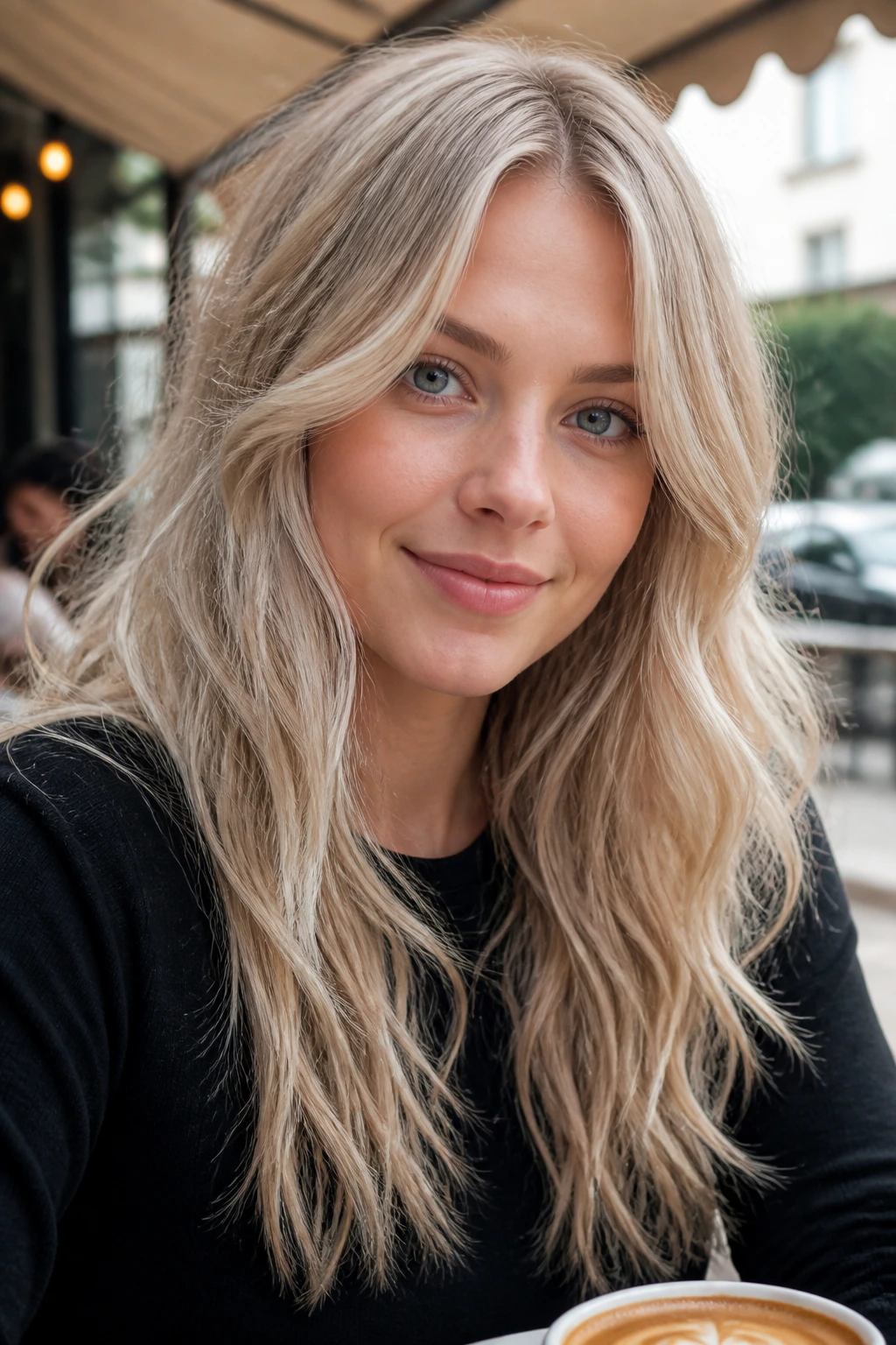 Close-up portrait of a real woman with linen blonde hair in a soft, muted beige shade.