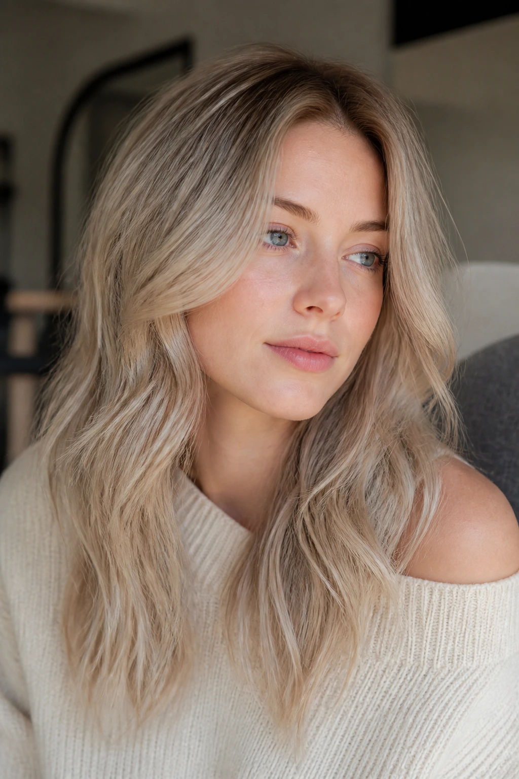 Real woman with linen blonde on neutral fair skin in a soft setting.