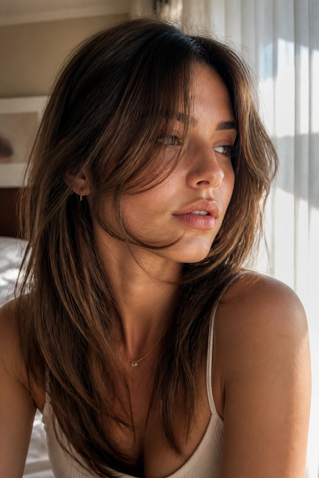 Close-up of a real woman with lip-grazing curtain pieces framing the lips in warm window light