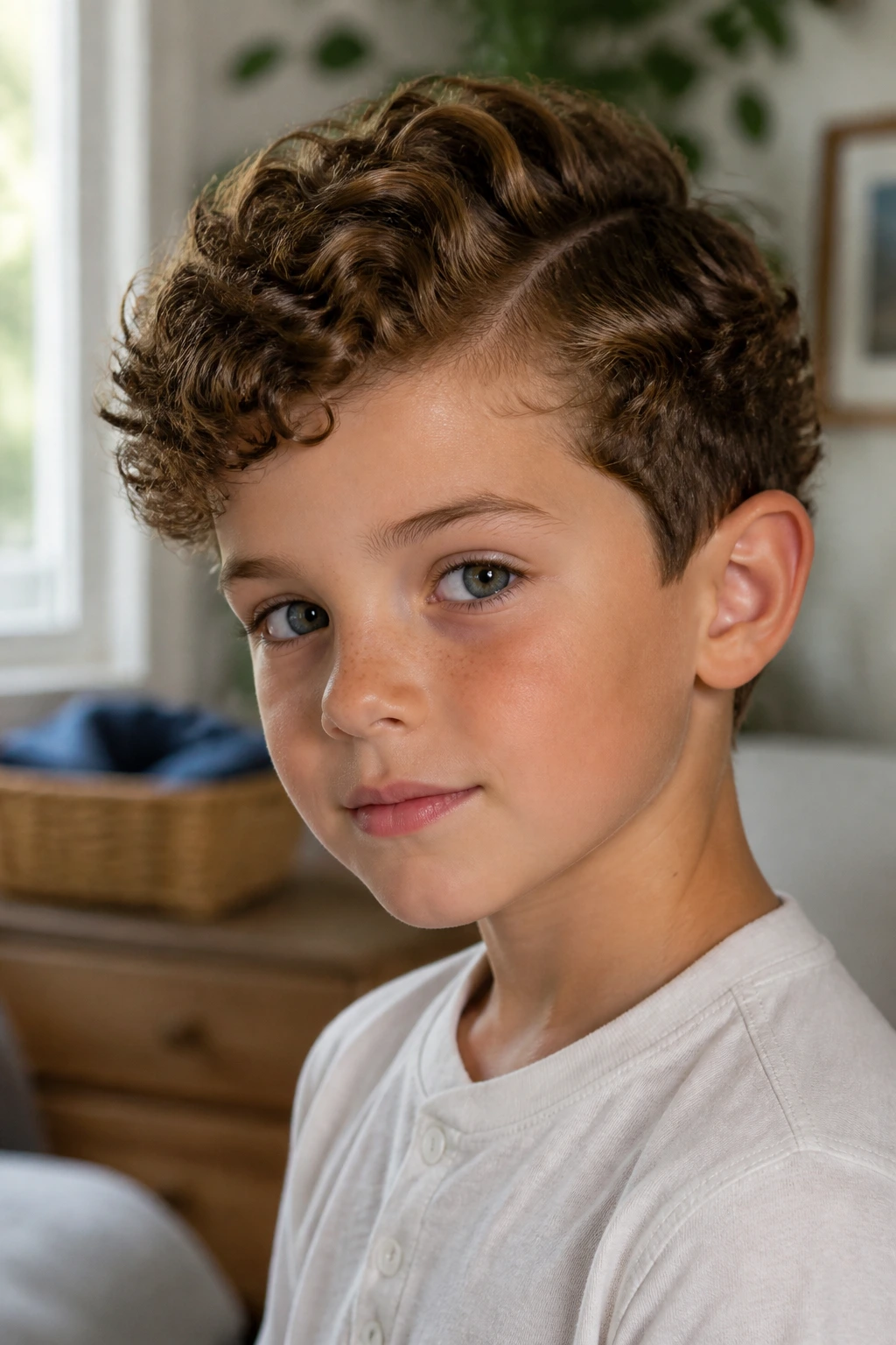 Close-up of a real boy with tidy curls and a soft side part.