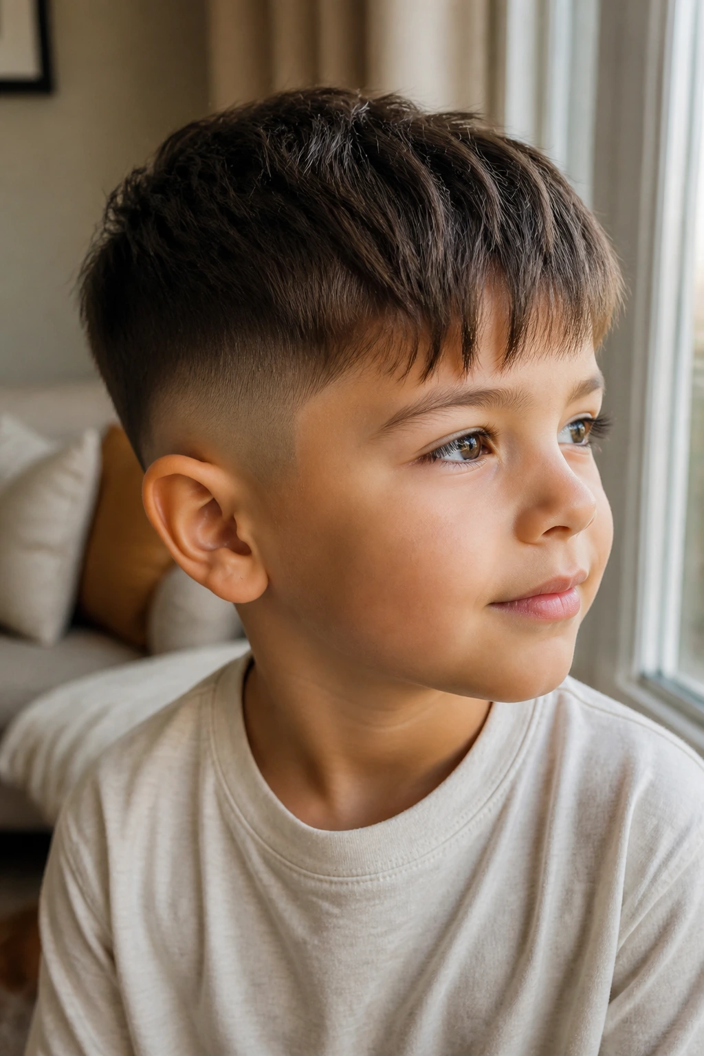 Close-up of a boy with a neat low taper fade and soft fringe in natural light