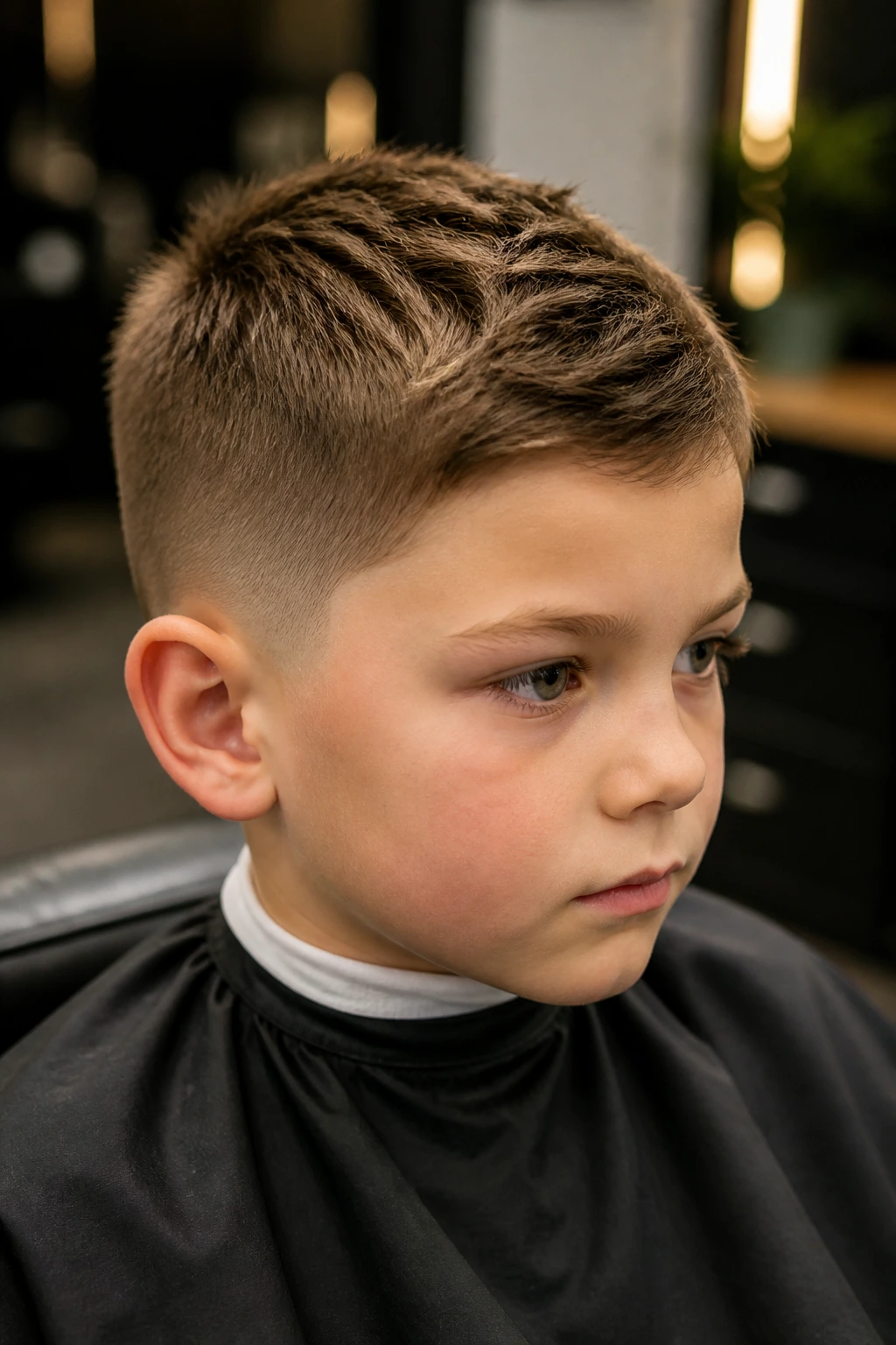Close-up of a young boy with neat crop and crown swirl