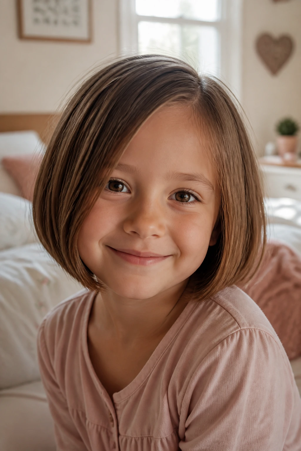Close-up portrait of a real young girl with a practical low-maintenance haircut in a cozy bedroom.