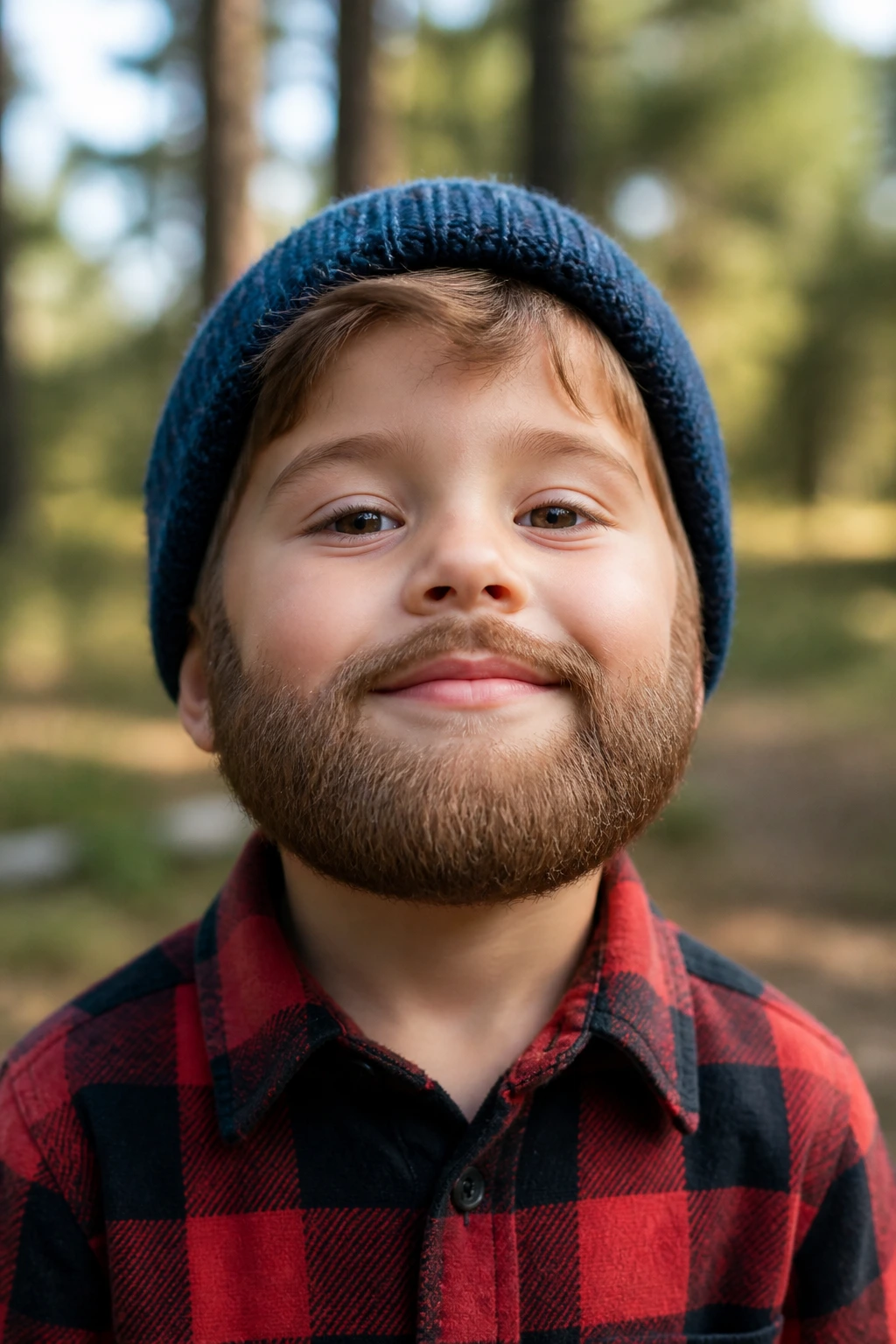 Close-up portrait of a boy with a rounded chin beard in a wooded setting