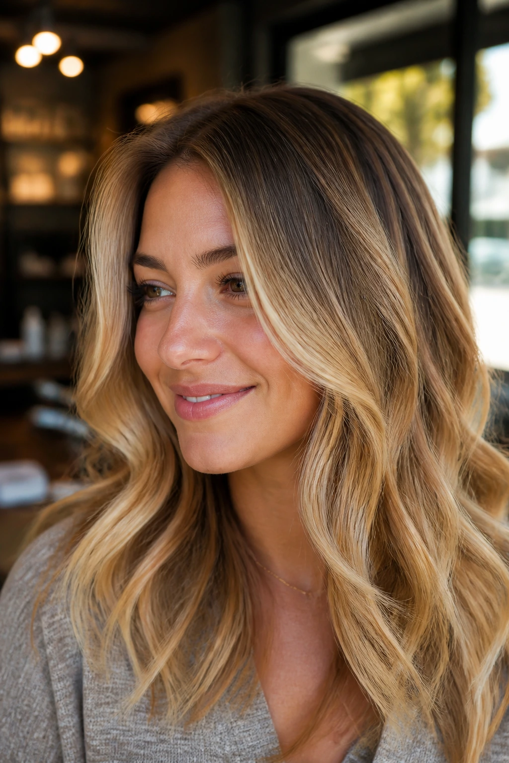 Close-up portrait of a person with lived-in golden glow balayage