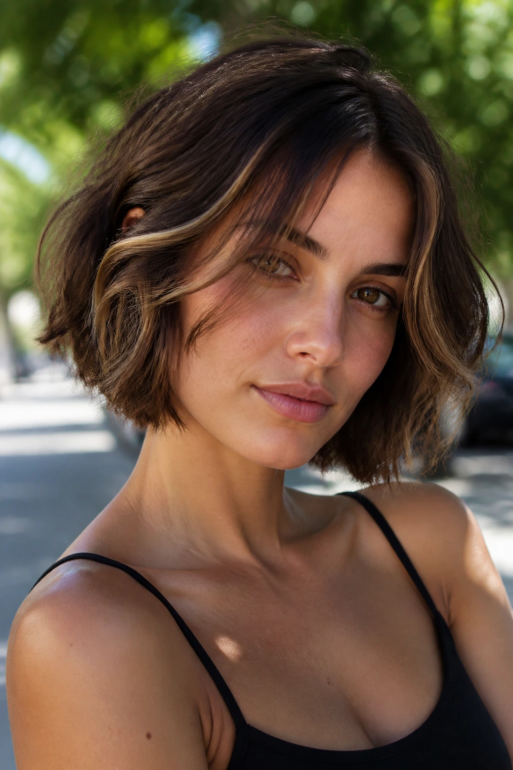 Portrait of a real woman with a lived-in brunette bob and subtle highlights