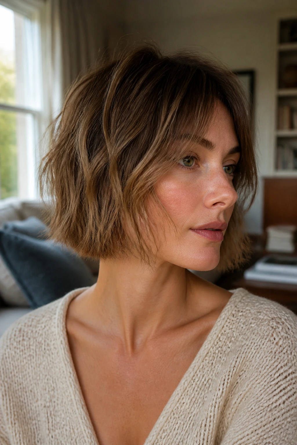 Real person with lived-in choppy bob texture in soft daylight.