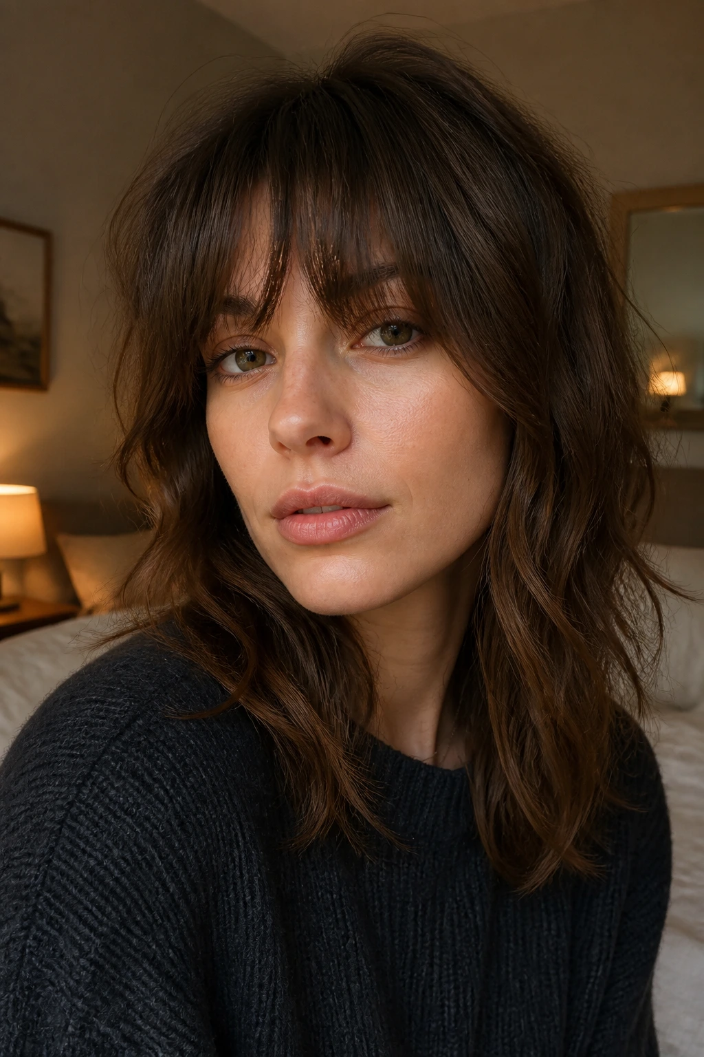 Real person with lived-in fringe and mid-length shag