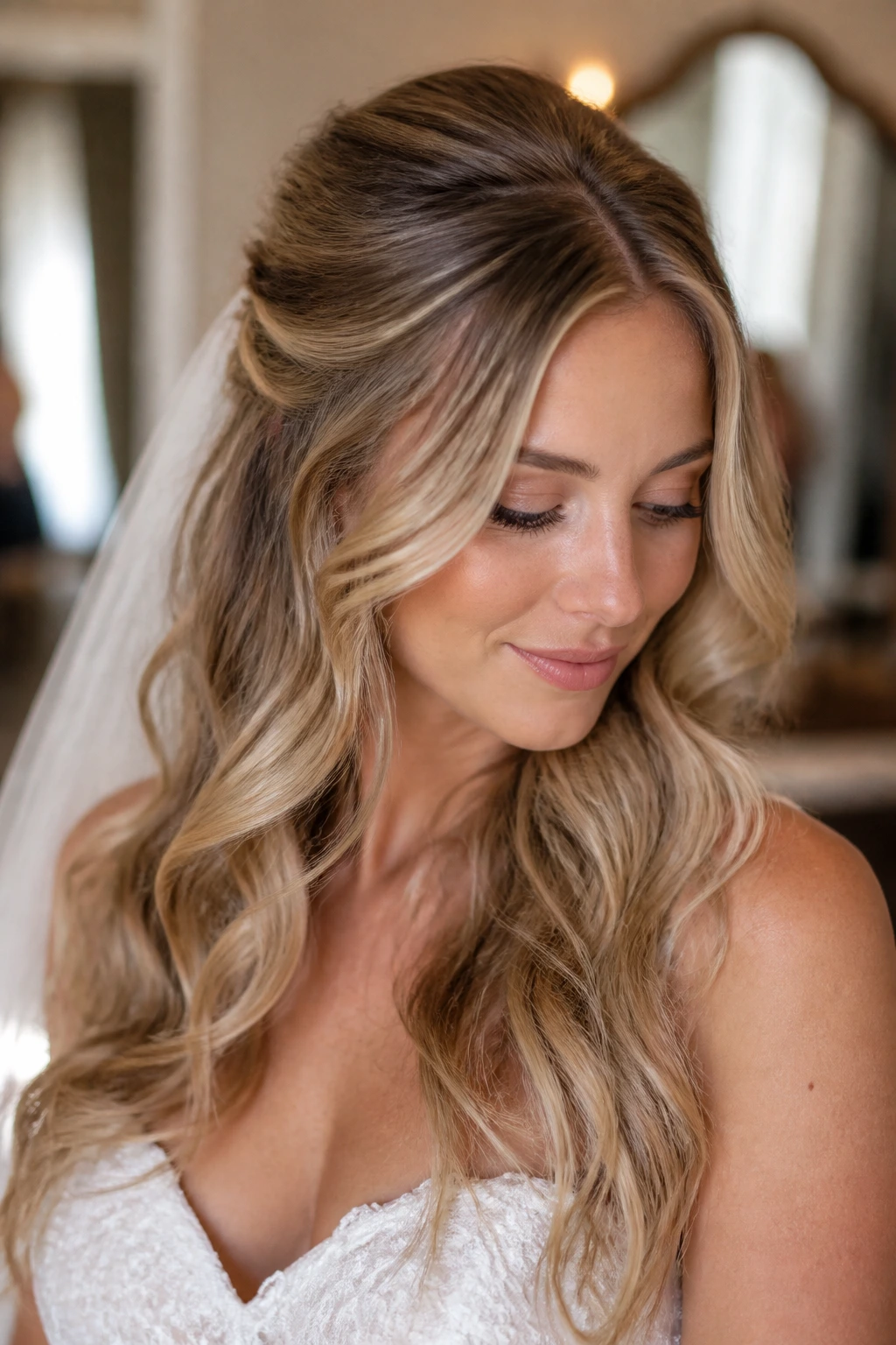Bride with lived-in honey blonde hair in soft waves.