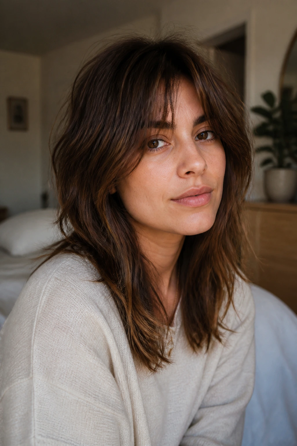 Close-up portrait of a real person with Lived-In Midi Shag and grown-out bangs