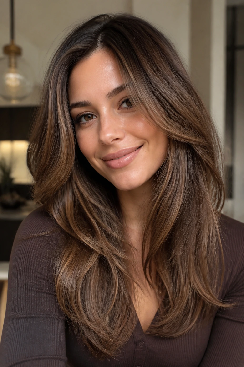 Close-up of mocha layered hair showing subtle dimension