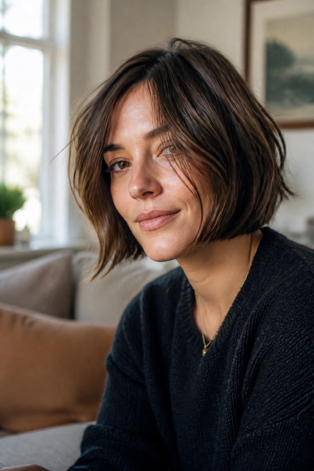 Portrait of a woman with a lived-in piecey Italian bob