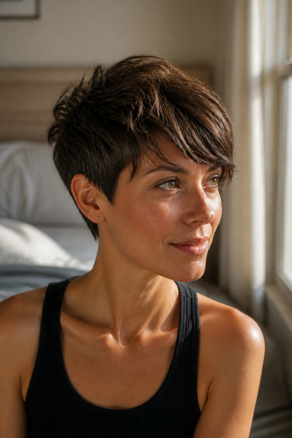 Close-up portrait of a real woman with a lived-in long-top pixie showing a long textured top and tapered sides.