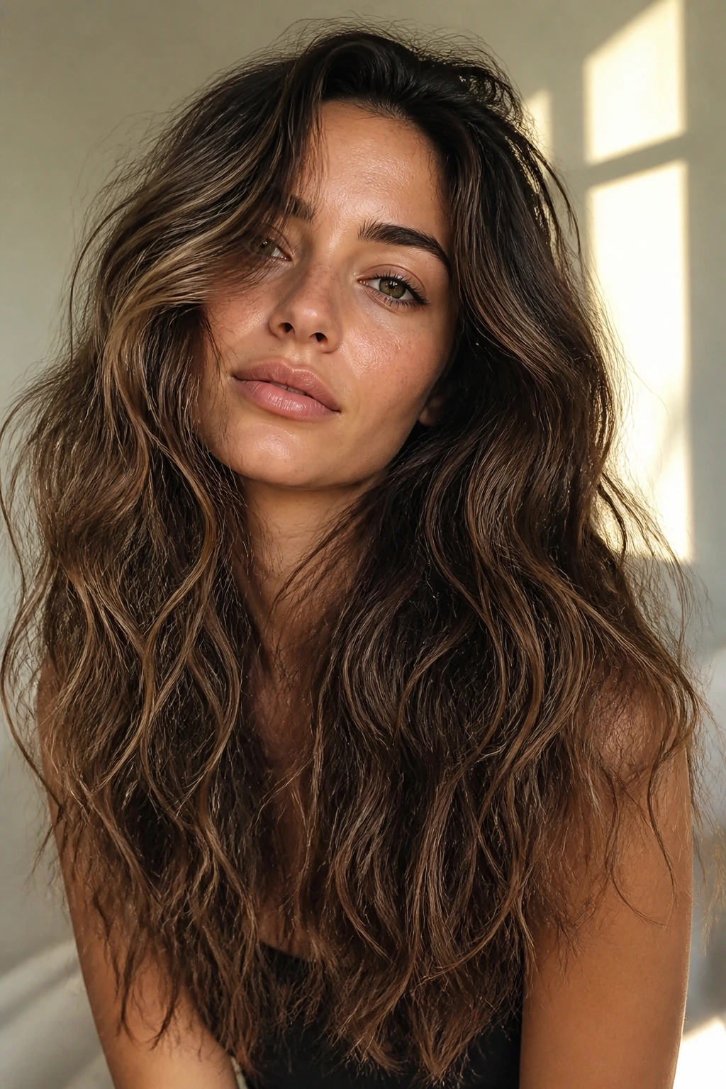Real woman with messy lived-in waves and dry texture on long thick hair
