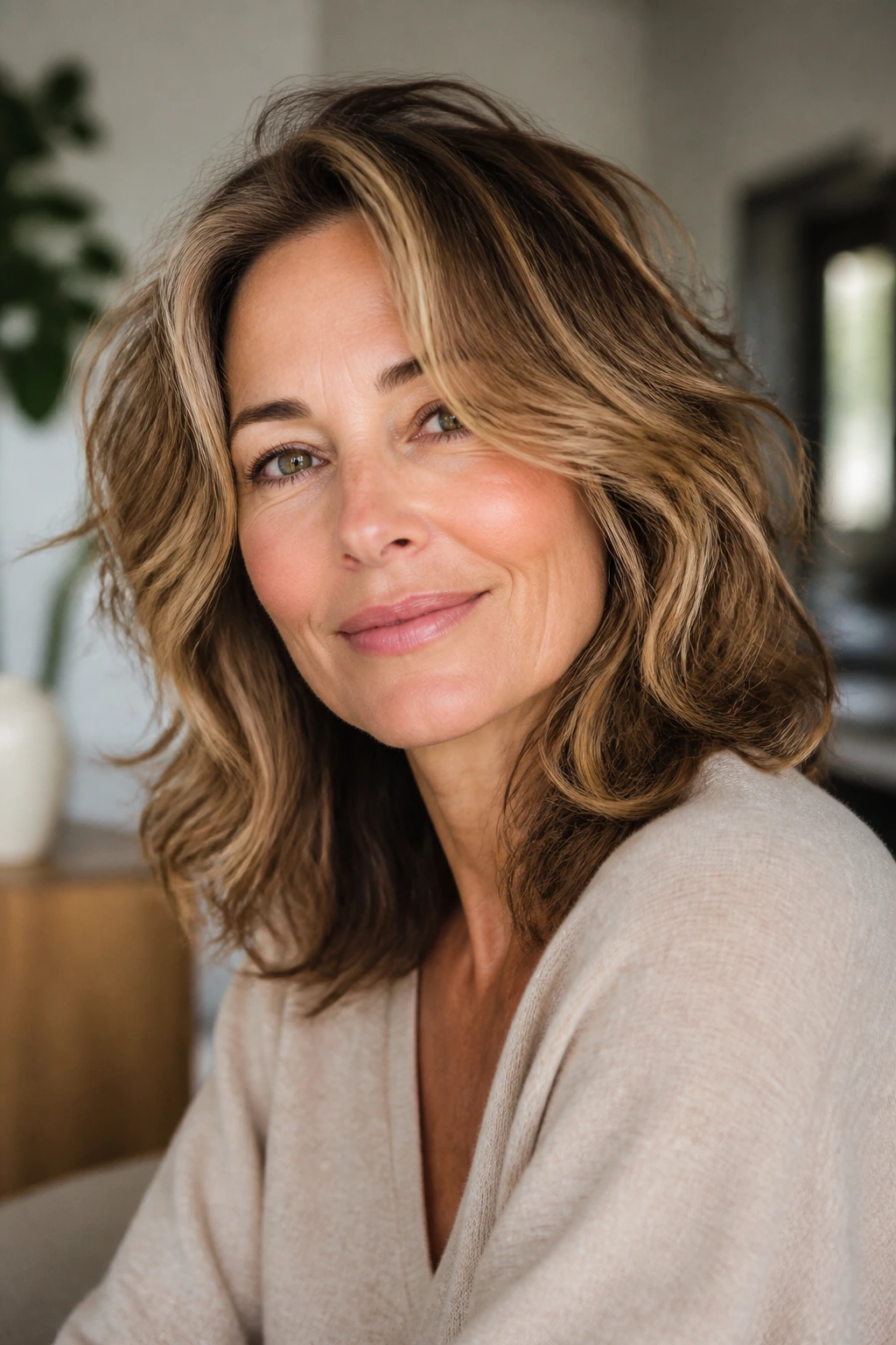 Close-up of a real woman with shoulder-length lived-in waves showing internal layers in natural light.