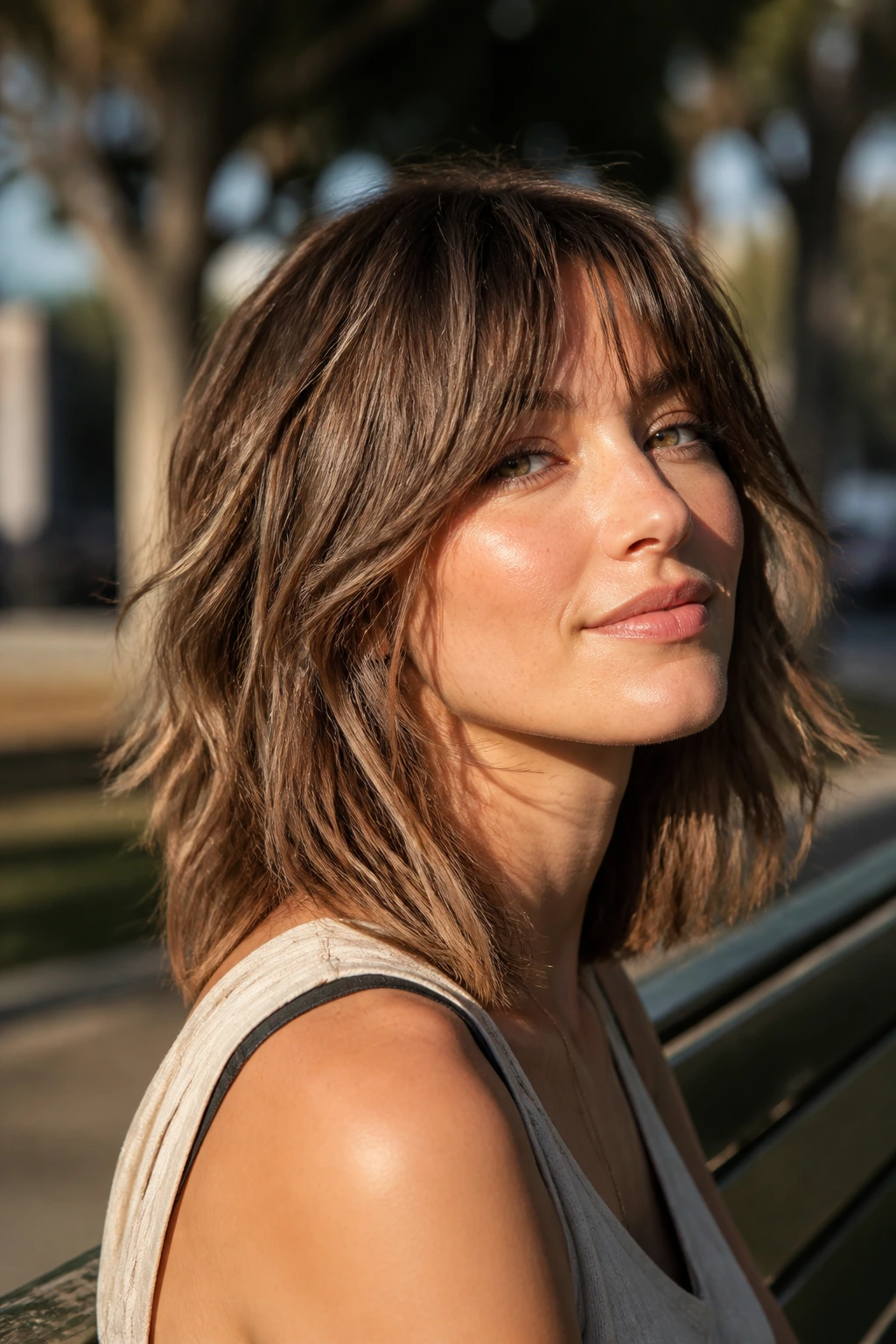 Close-up of a real person with a Lived-In Wolf Lob showing relaxed waves and longer perimeter.