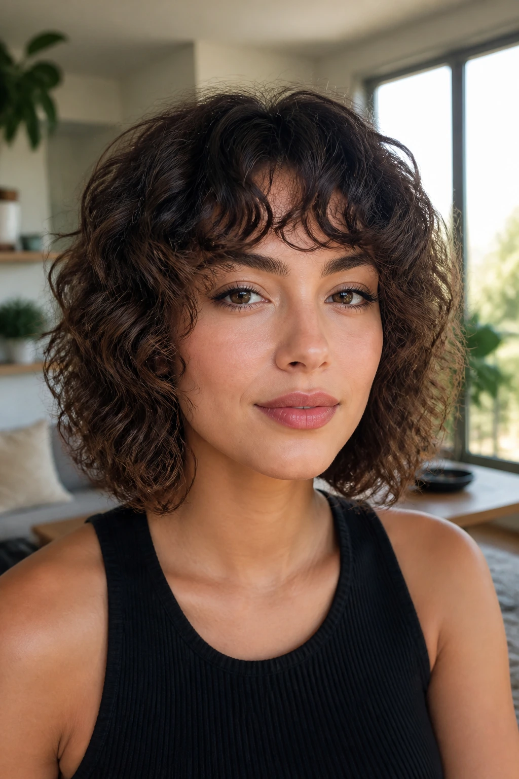 Portrait of a person with lob and arched bangs in bright daylight