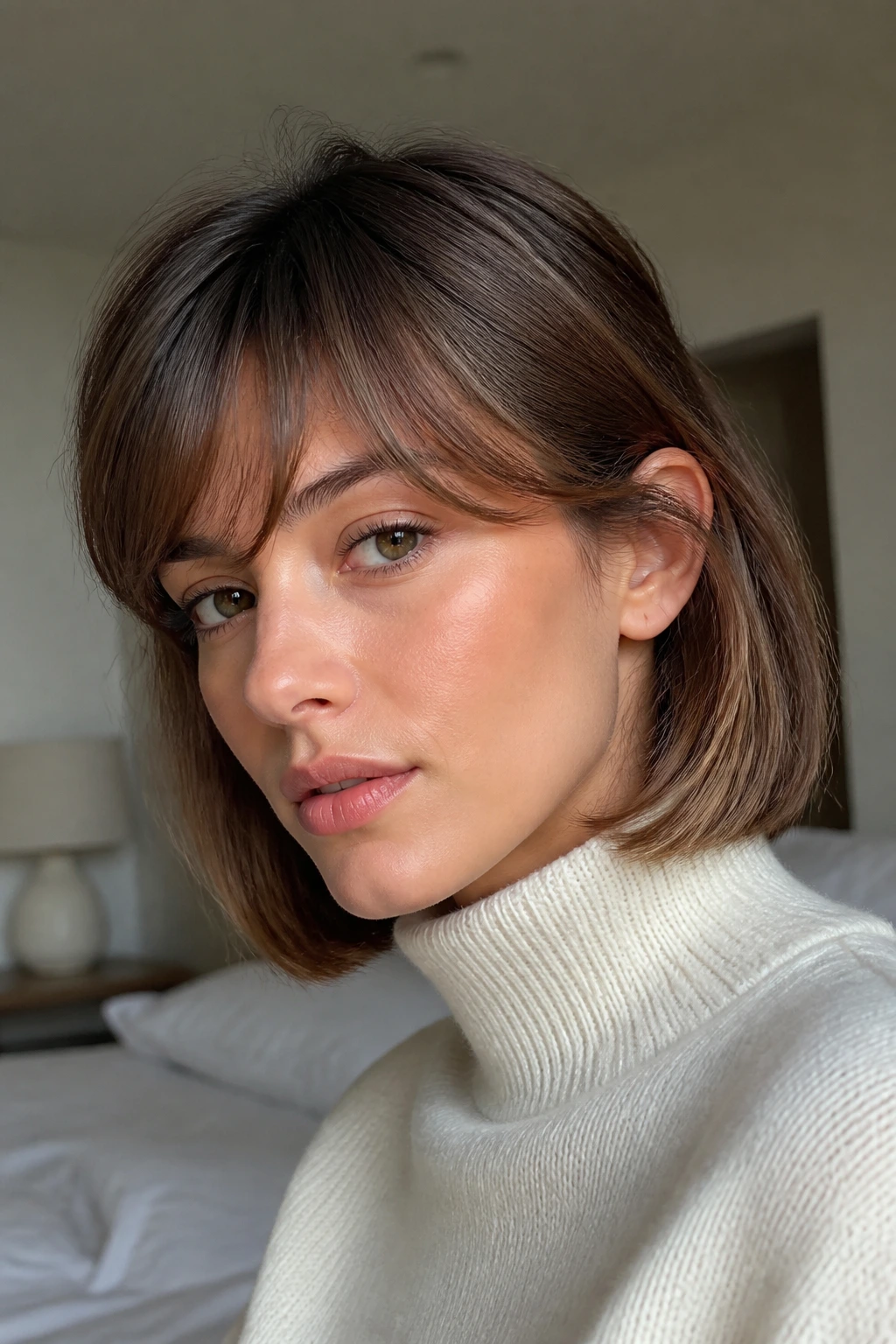 Close-up portrait of a woman with a tucked-in lob and soft side bangs