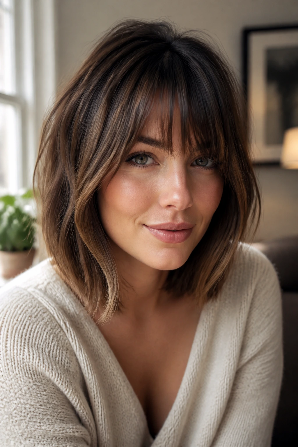 Close-up portrait of a real woman with lob and bangs showing diagonal lines