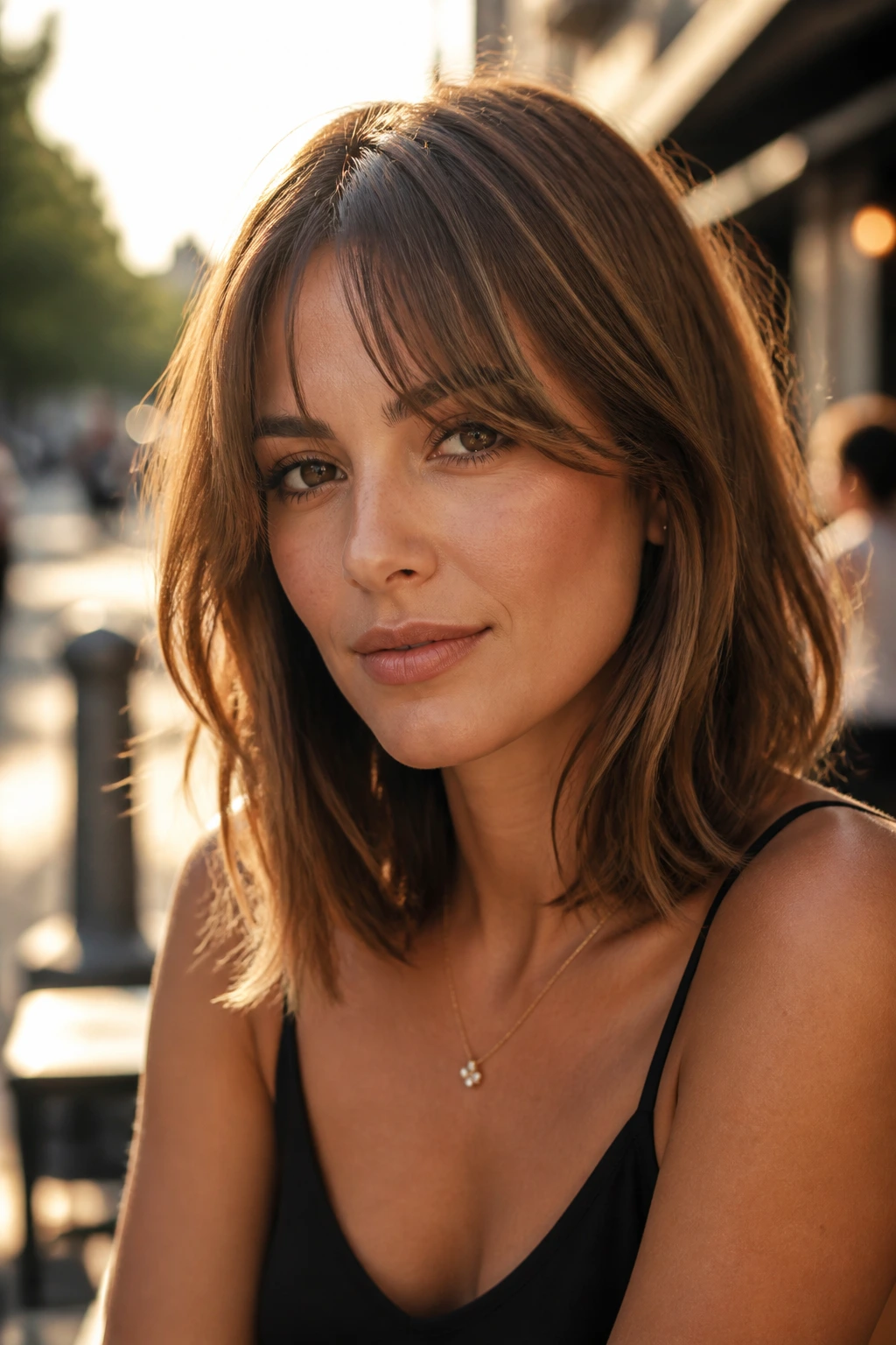 Close-up of a real woman with shoulder-length lob and soft bottleneck bangs