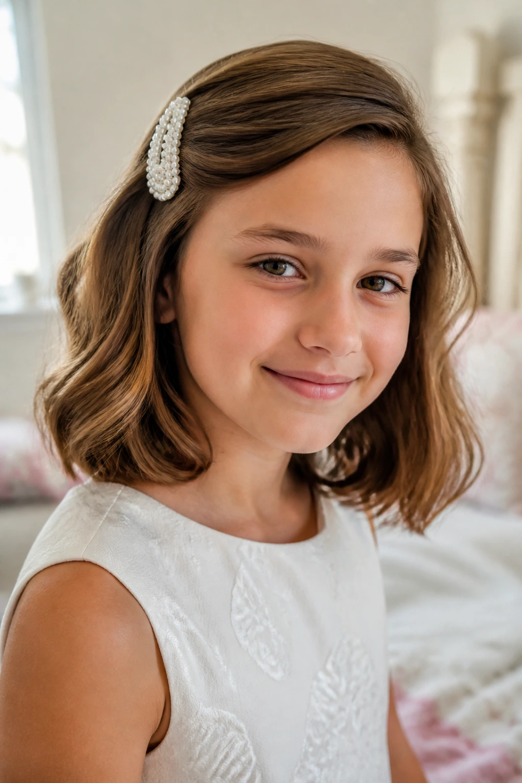 Close-up of a child with a lob swept to one side and a barrette