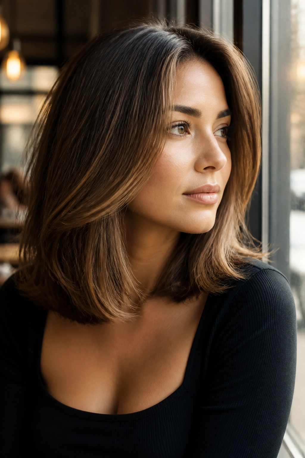 Real person with medium-length lob blowout showing a cut-friendly style
