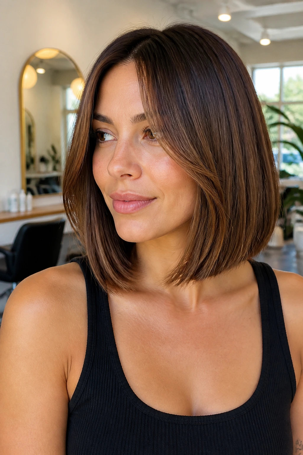 Portrait of a real woman with a blunt lob at collarbone length in warm brunette tones, salon setting.