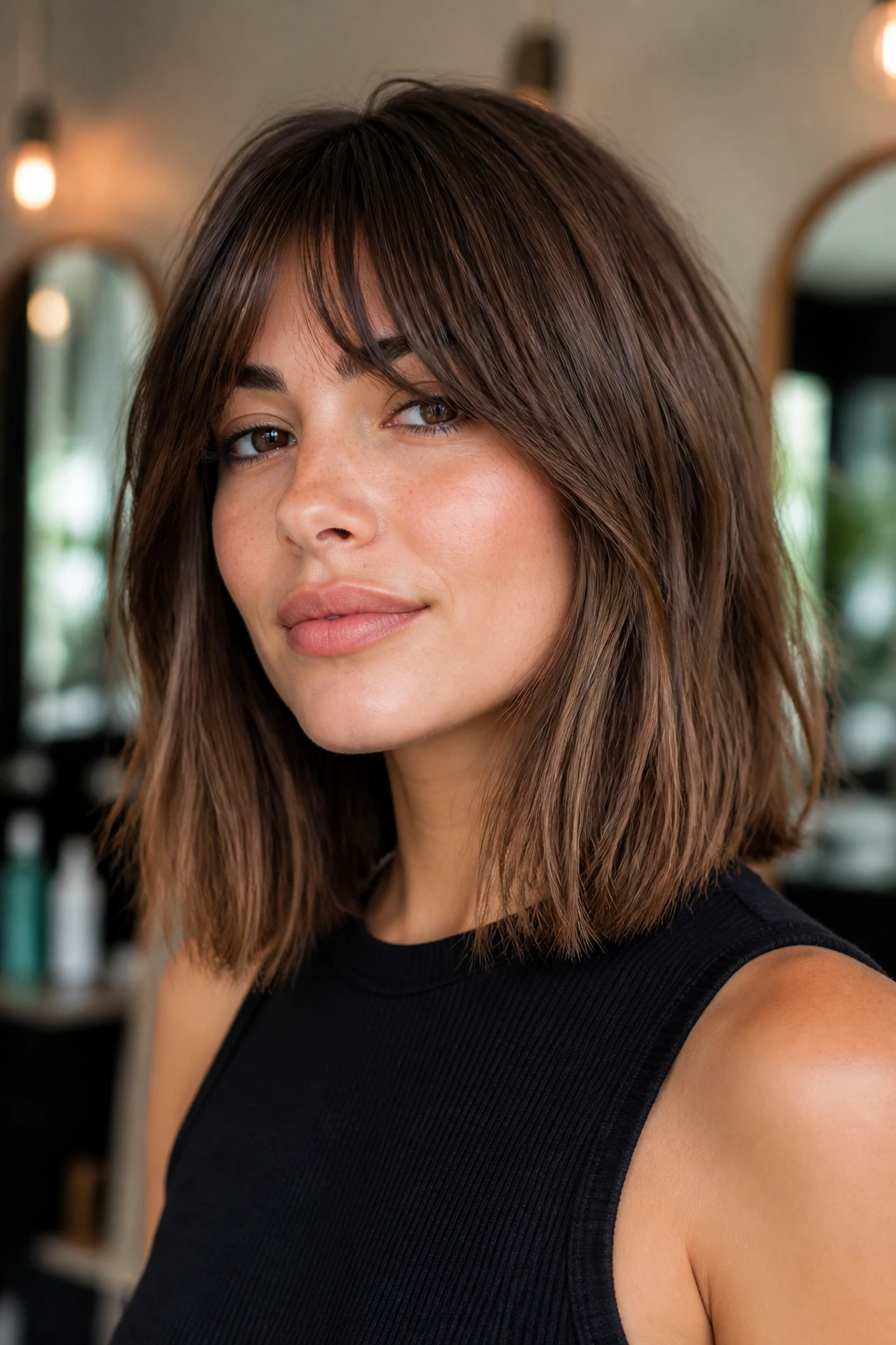 Close-up portrait of a real person with bottleneck bangs and a lob.