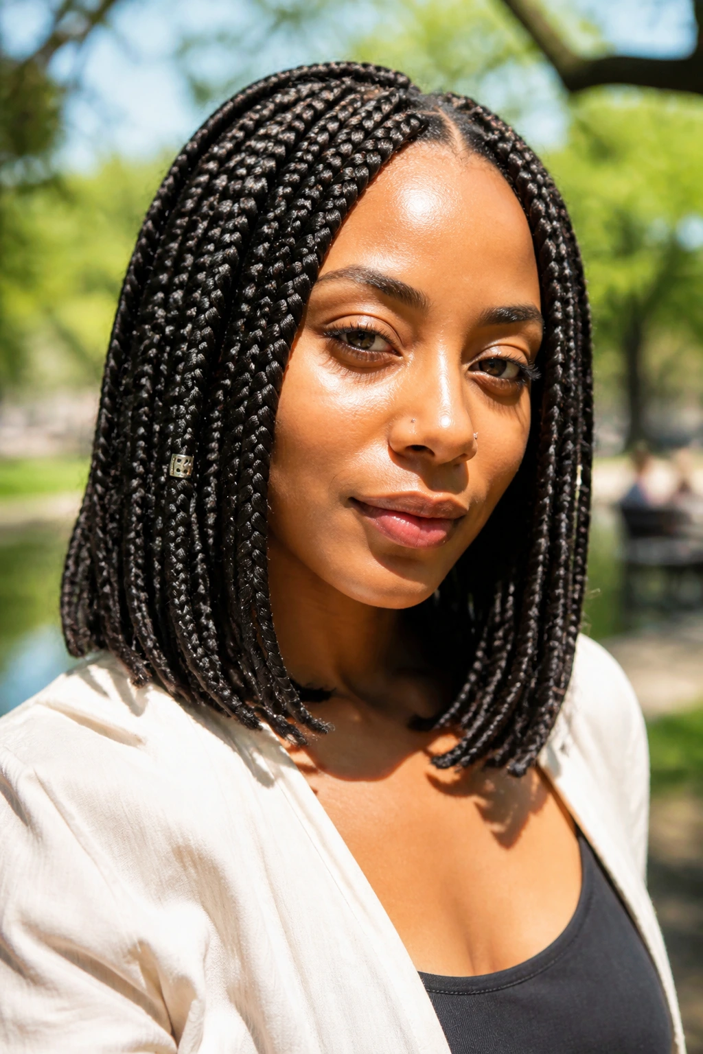 Close-up of woman with shoulder-skimming lob box braids in natural light