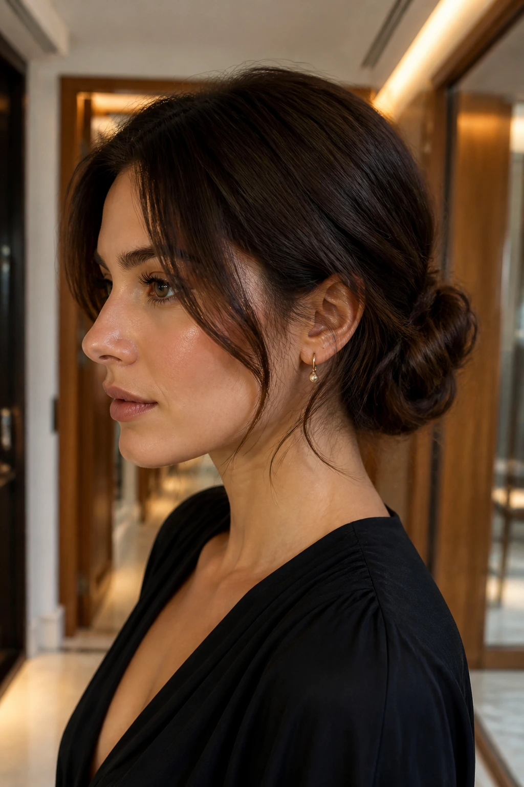 Close-up of a real woman with a lob-length chignon at the nape