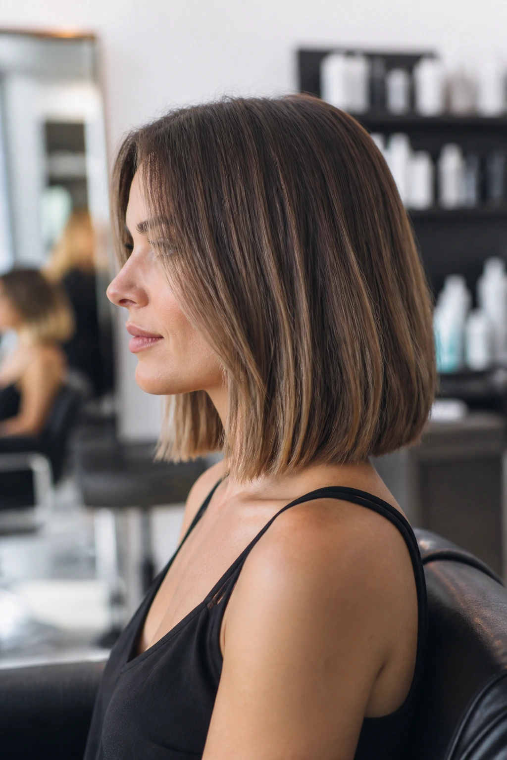 Side-profile portrait of a real woman with lob haircut ready for salon consultation