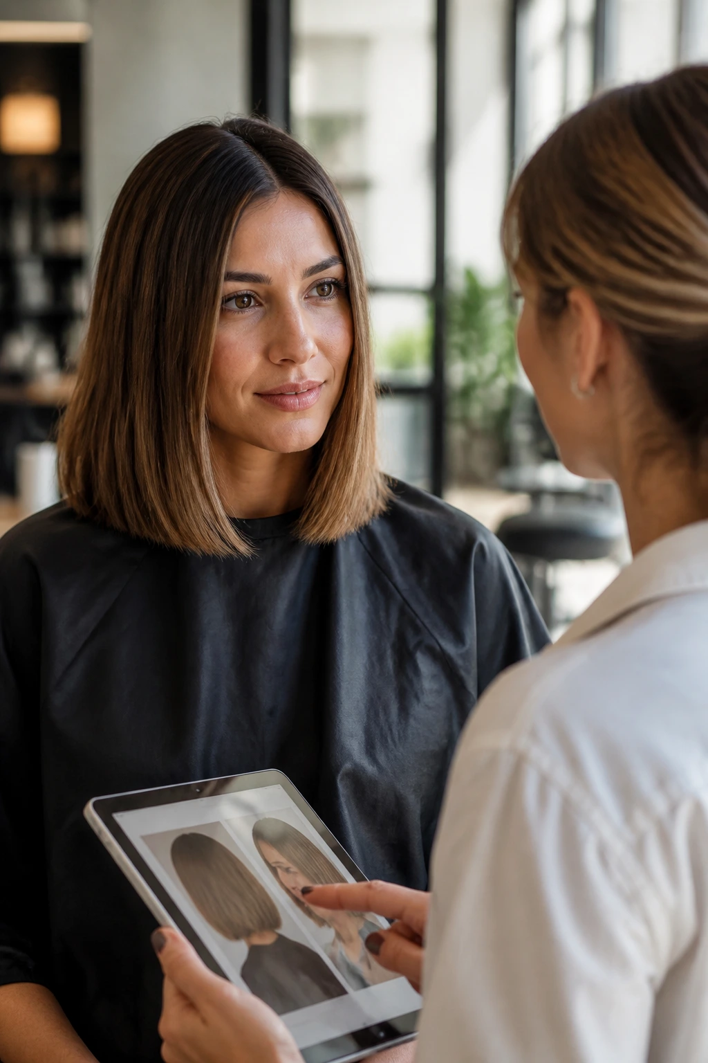 Client consulting with stylist in a salon about lob length and shape.