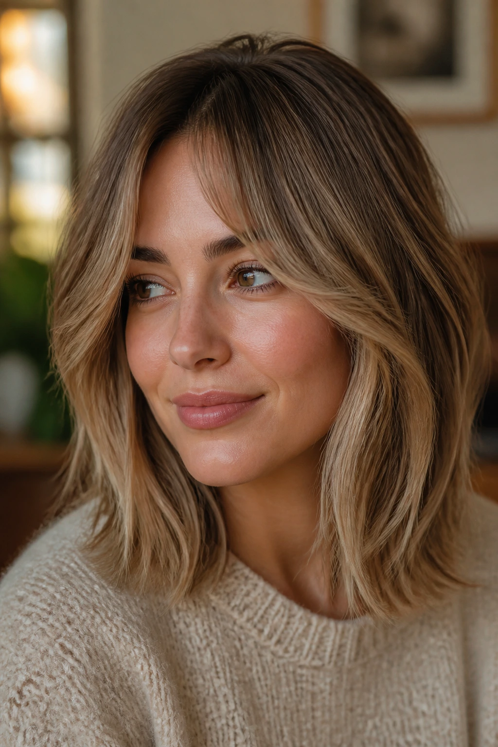 Close-up of a real person with lob and curtain bangs showing growth in shape