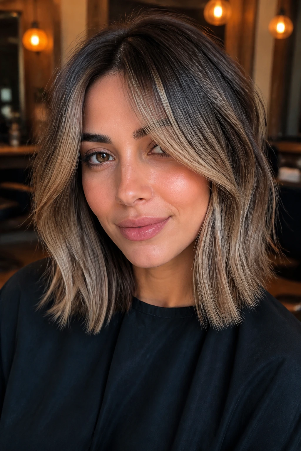 Close-up portrait of a woman with a highlight-friendly lob and curtain bangs in a salon setting