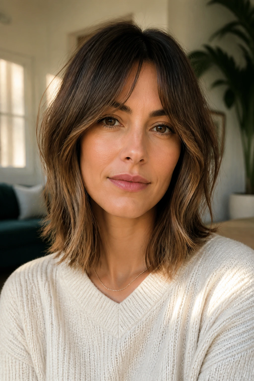 Close-up portrait of a real woman with a shoulder-length lob and curtain bangs in warm window light