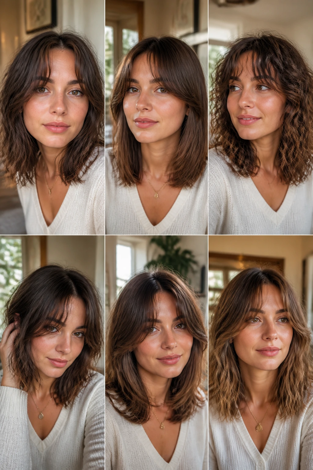 Six close-up portraits of a real person with lob and curtain bangs in warm light