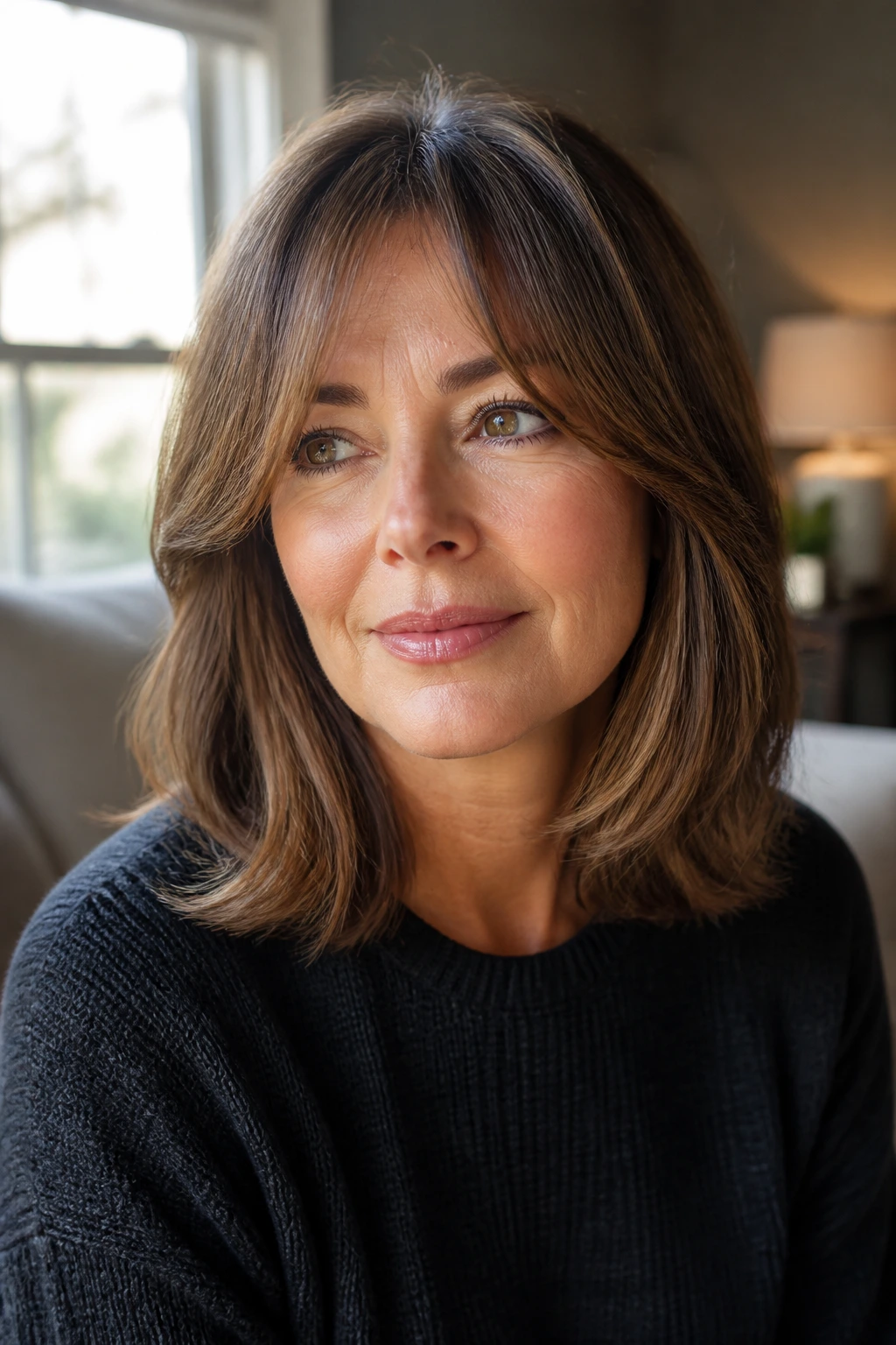 Portrait of a real woman with a shoulder-length lob and curtain bangs blending into the lob, lit by window light
