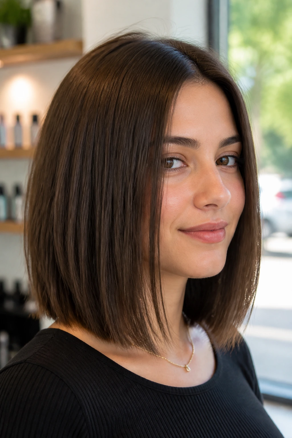 Close-up portrait of a real woman with a crisp lob on straight hair in a salon setting