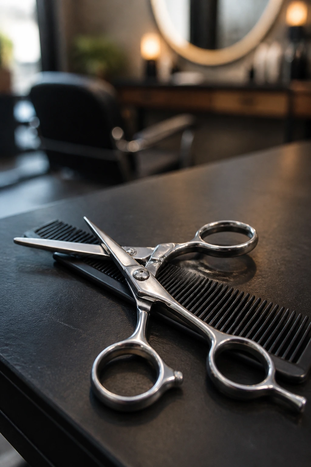 Close-up of professional hair-cutting tools on a dark surface in a salon
