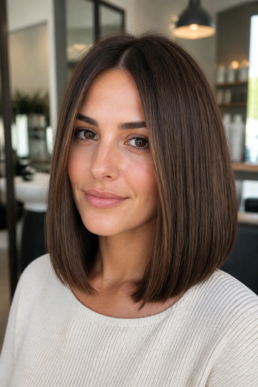 Close-up portrait of a real woman with a lob cut on thin hair, showing dense ends
