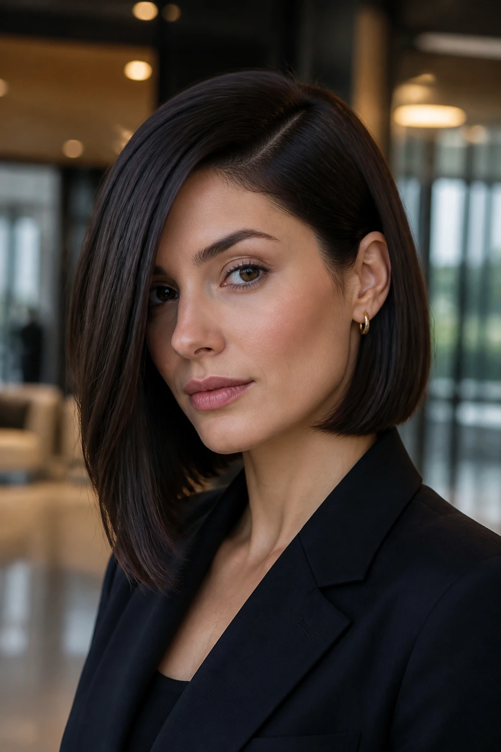 Real woman with a sleek deep-side-part lob, close-up portrait