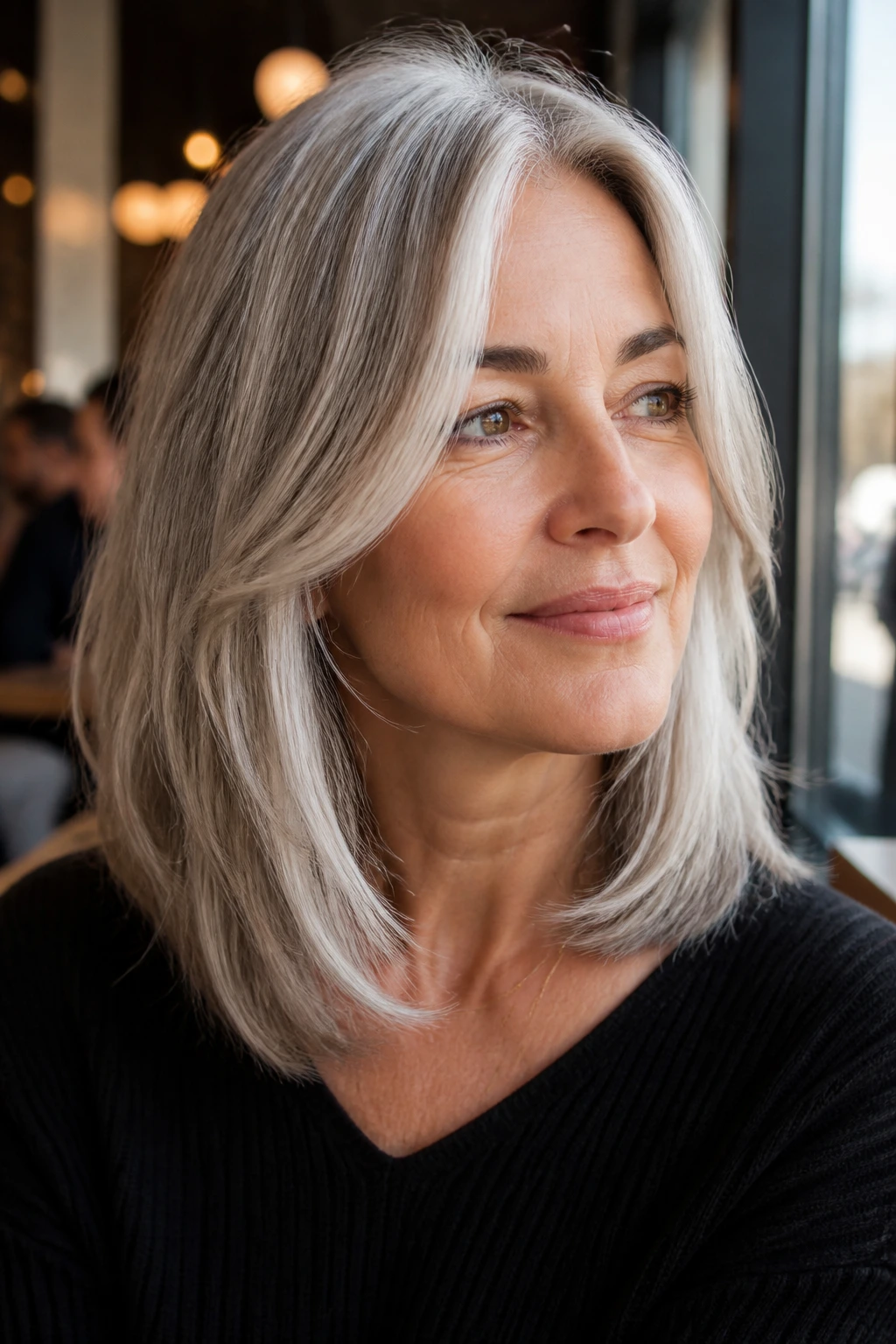 Close-up portrait of a real woman with shoulder-grazing lob and face-framing layers