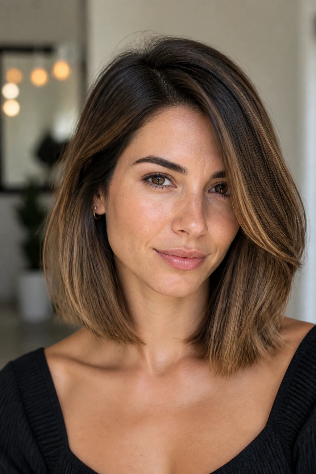 Portrait of a real woman with a lob hairstyle flattering her face shape