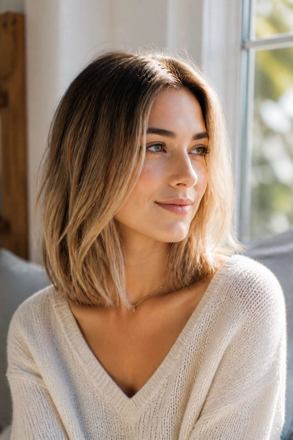 Portrait of woman with a collarbone-length lob showing density and outline.