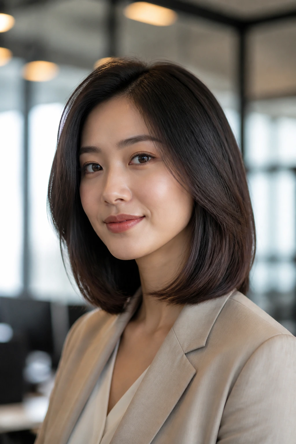 Portrait of a woman with a versatile lob in a modern office setting