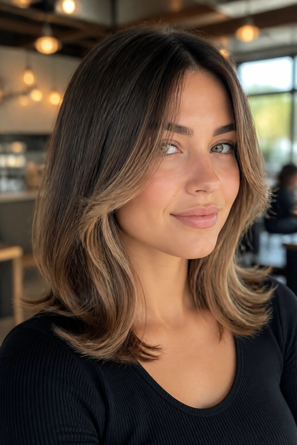 Close-up portrait of a woman with a flipped-end lob and bottleneck front pieces