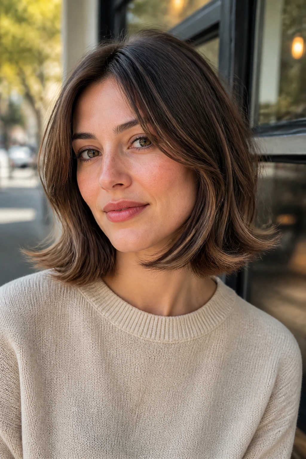 Close-up portrait of a real woman with a choppy lob and flipped ends.