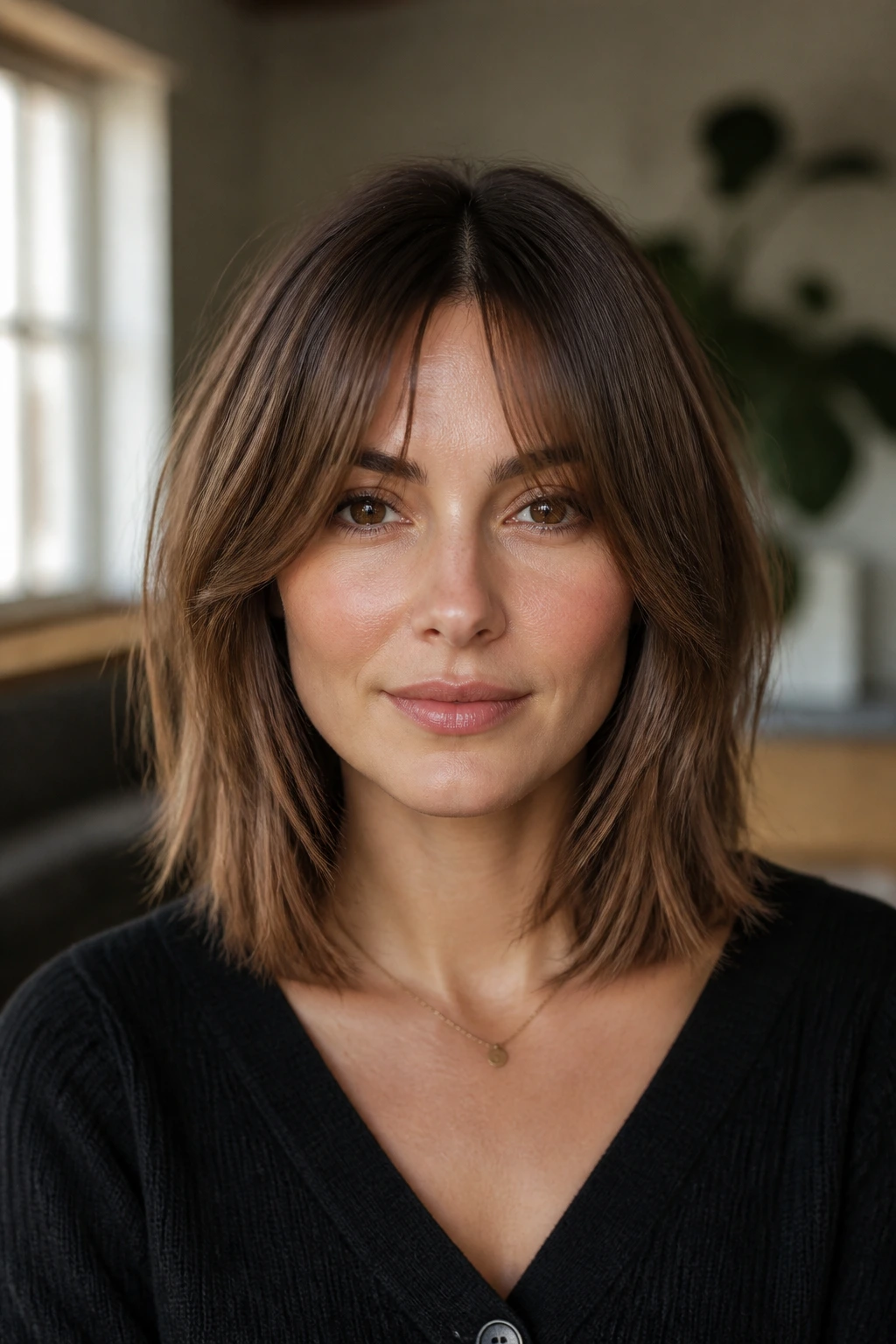 Close-up portrait of a real woman with a lob haircut and center-parted wispy fringe in natural light