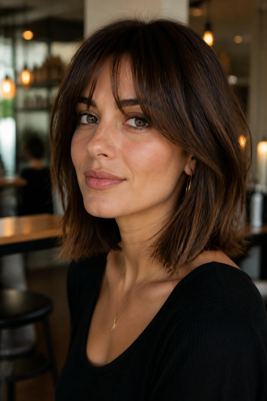 Portrait of a real person with a fringe-forward lob showing fringe and collarbone-length hair.