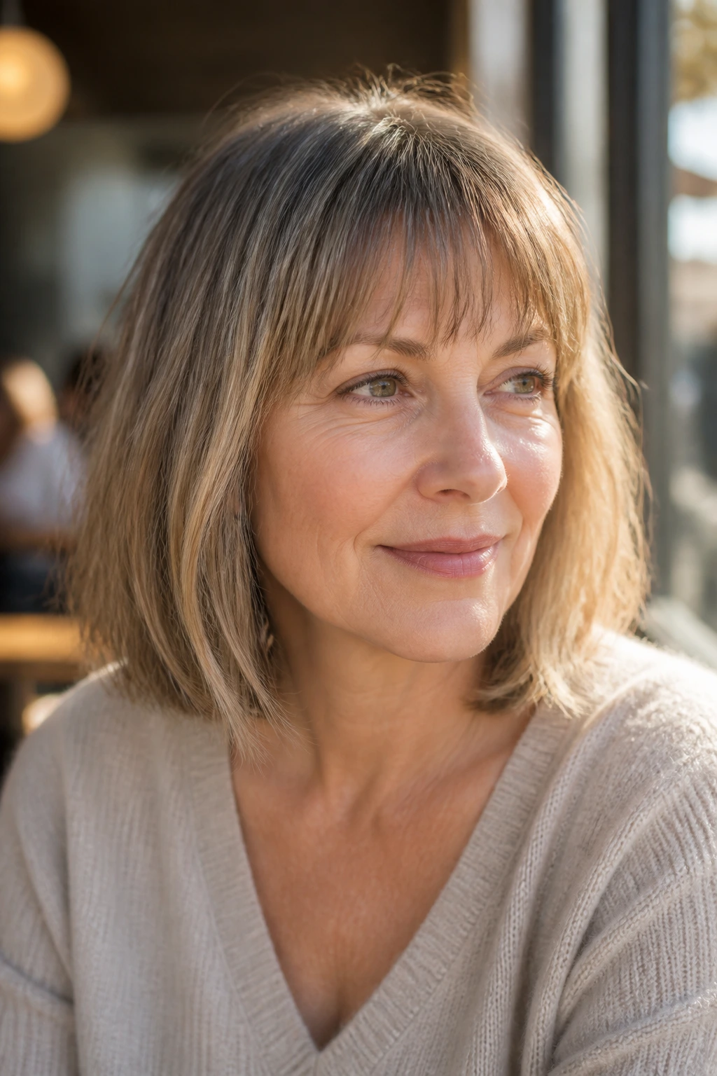 Close-up portrait of a real woman with lob fringe blending into a long bob.